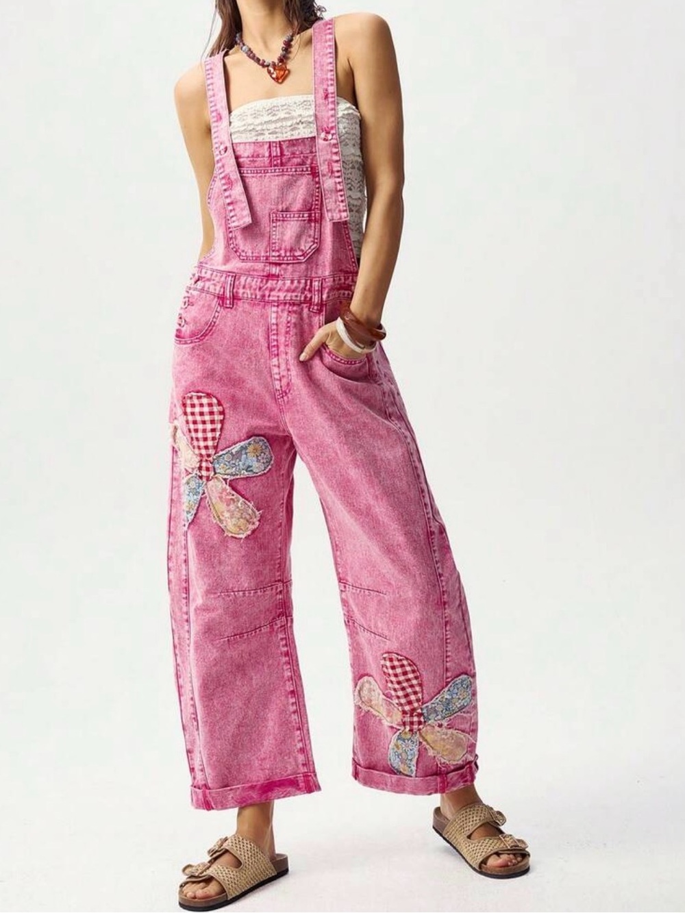 Floral denim jumpsuit patchwork overalls flower acid wash Barbie pink